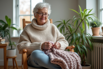 Femme d'âge moyen tricote dans un intérieur chaleureux