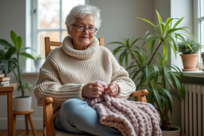 Femme d'âge moyen tricote dans un intérieur chaleureux