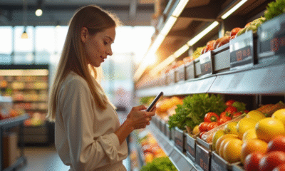Jeune femme utilisant l'application Yuka en magasin