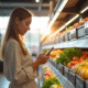 Jeune femme utilisant l'application Yuka en magasin