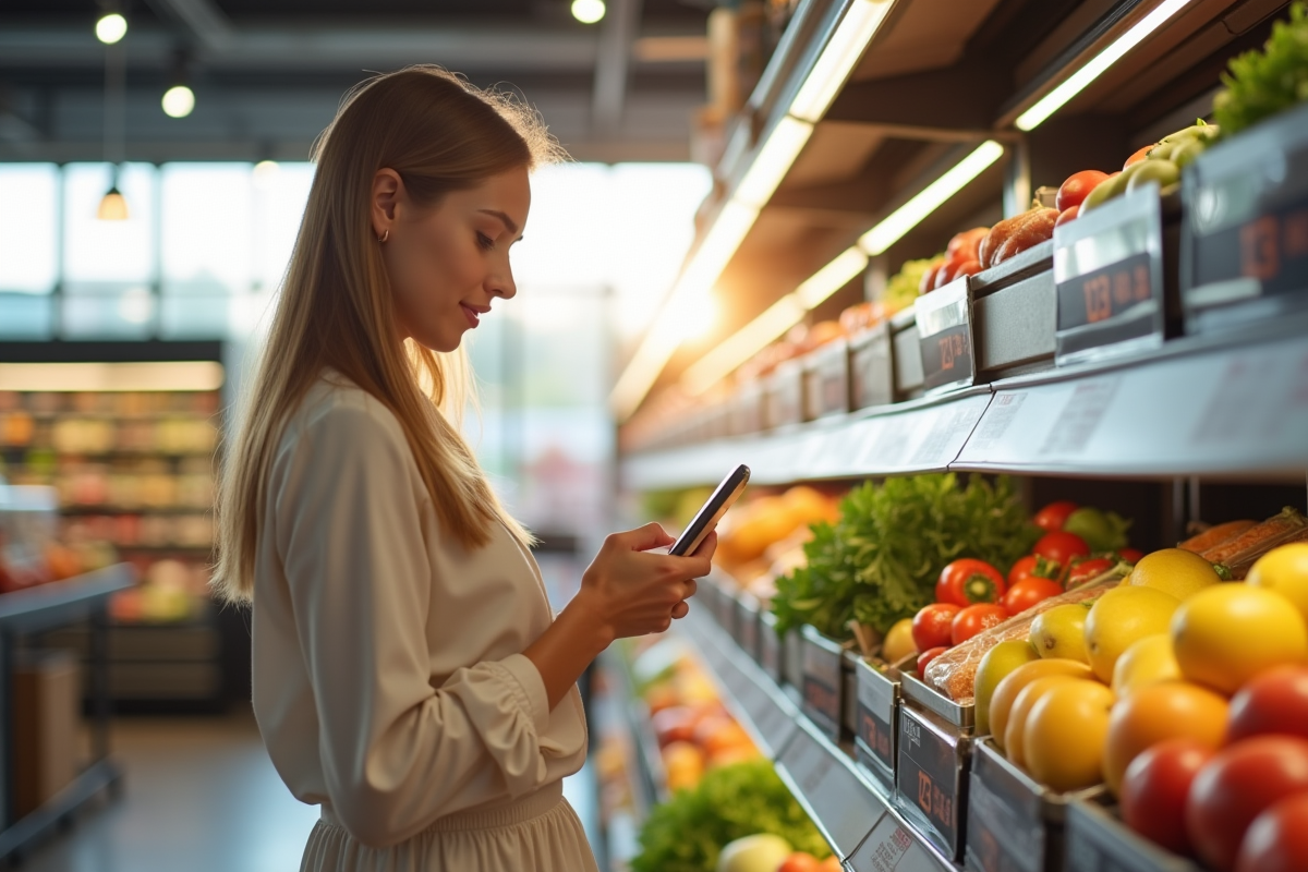 Jeune femme utilisant l'application Yuka en magasin