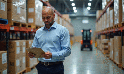 Manager logistique en entrepôt vérifiant des listes d'inventaire