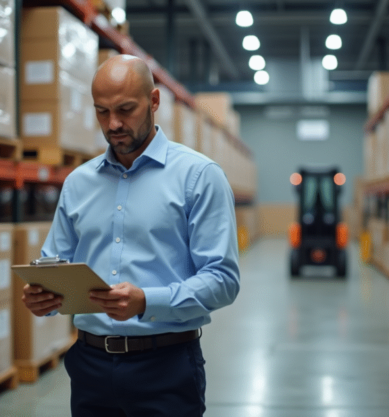 Manager logistique en entrepôt vérifiant des listes d'inventaire