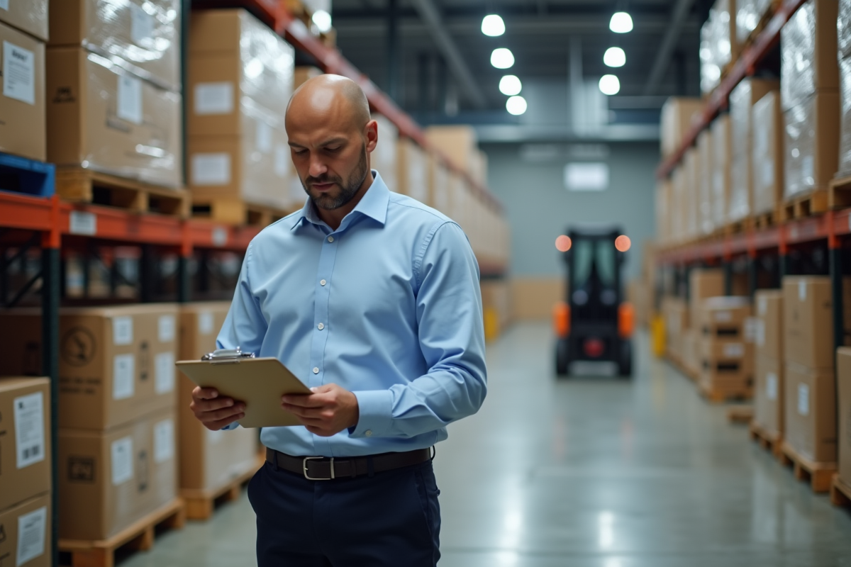 Manager logistique en entrepôt vérifiant des listes d'inventaire