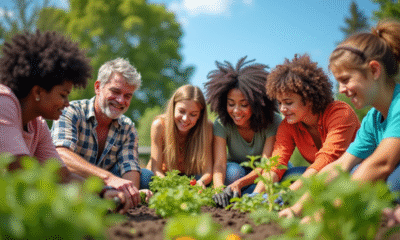 Groupe diversifié plantant dans un jardin communautaire