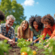 Groupe diversifié plantant dans un jardin communautaire