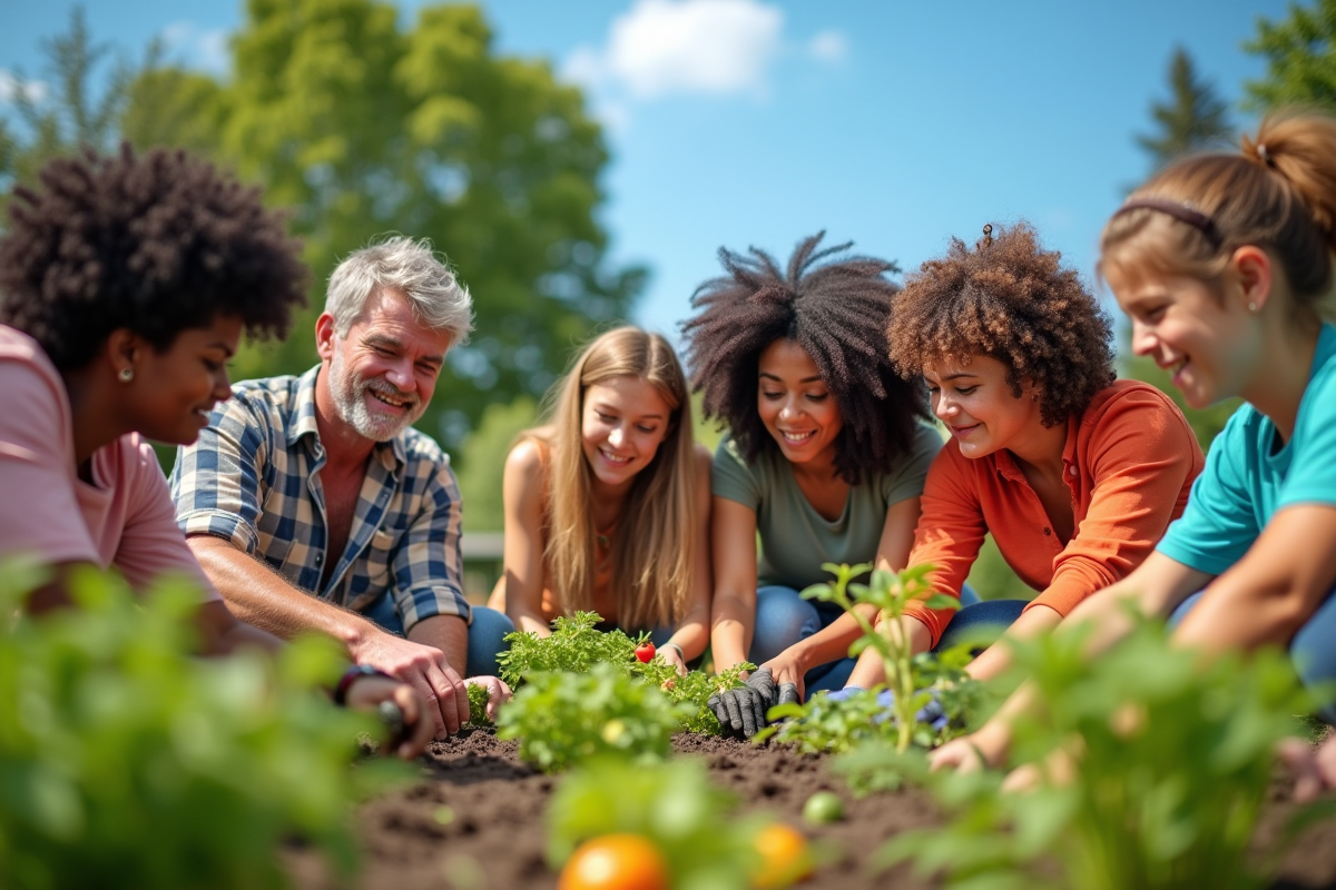 Groupe diversifié plantant dans un jardin communautaire