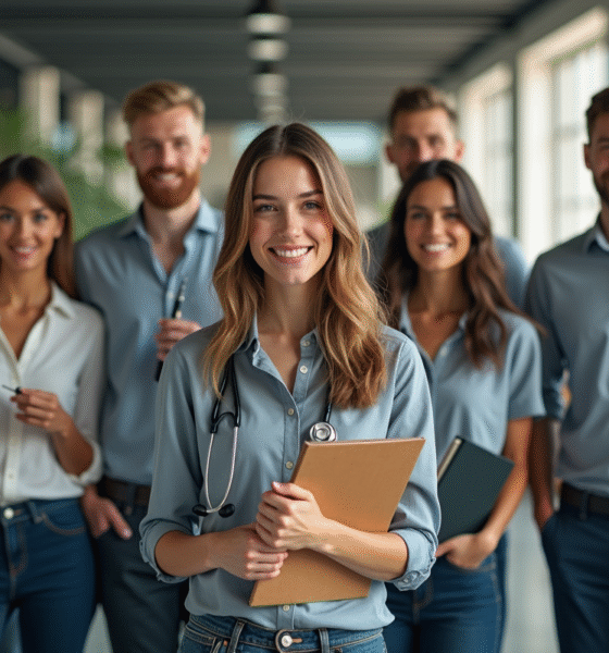Groupe de jeunes professionnels avec objets en S dans un bureau lumineux