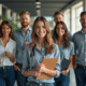 Groupe de jeunes professionnels avec objets en S dans un bureau lumineux