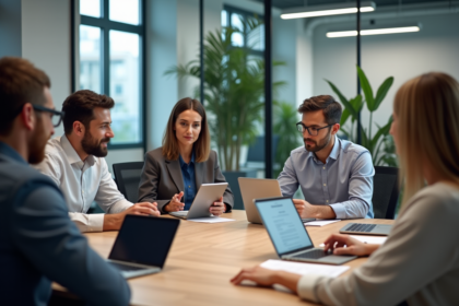Groupe de professionnels en réunion dans un bureau moderne