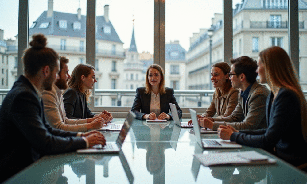 Groupe de jeunes professionnels collaborant dans un bureau parisien lumineux