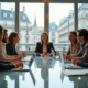 Groupe de jeunes professionnels collaborant dans un bureau parisien lumineux