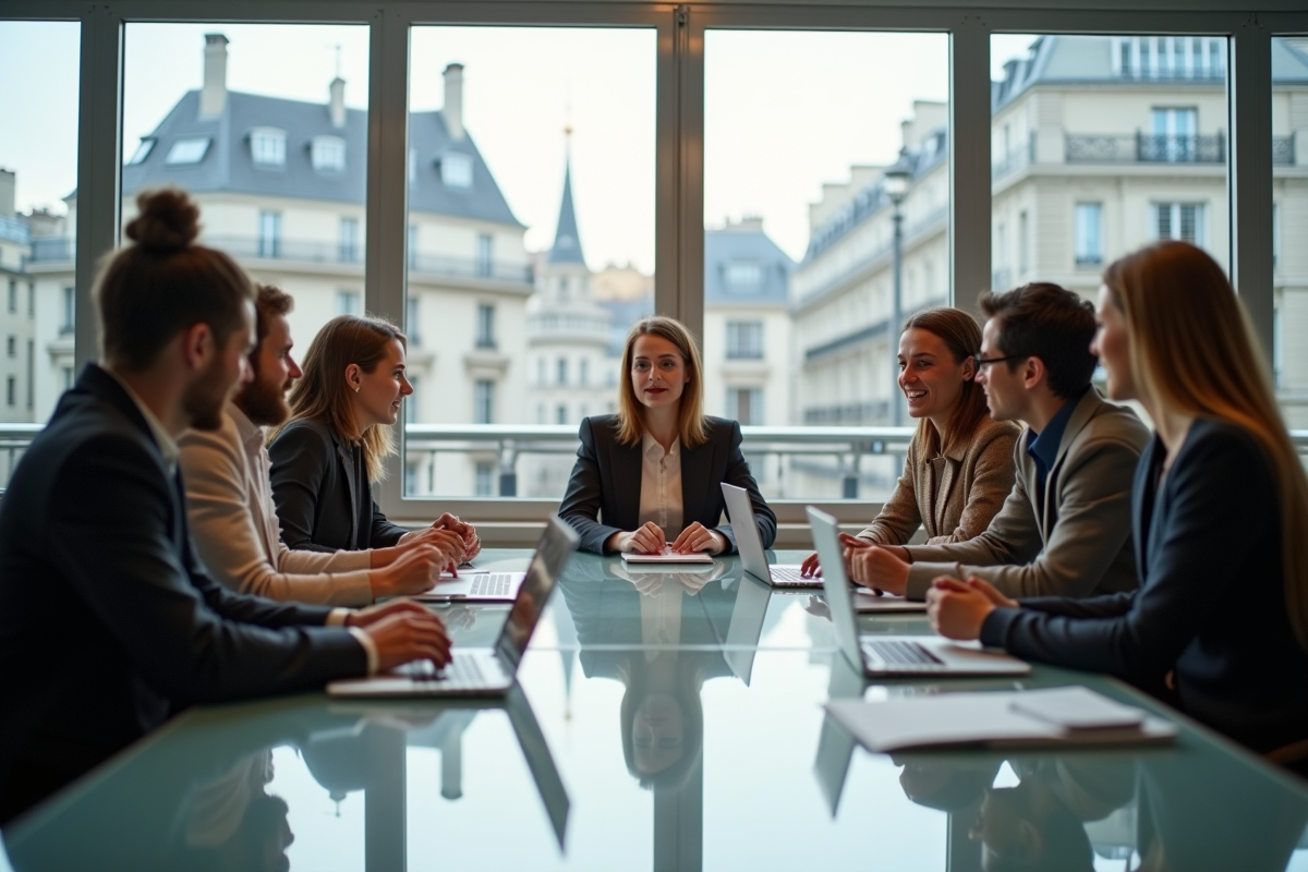 Groupe de jeunes professionnels collaborant dans un bureau parisien lumineux