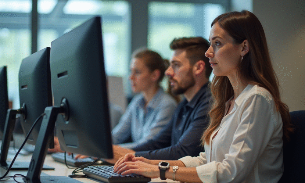 Groupe de jeunes professionnels IT collaborant dans un bureau moderne