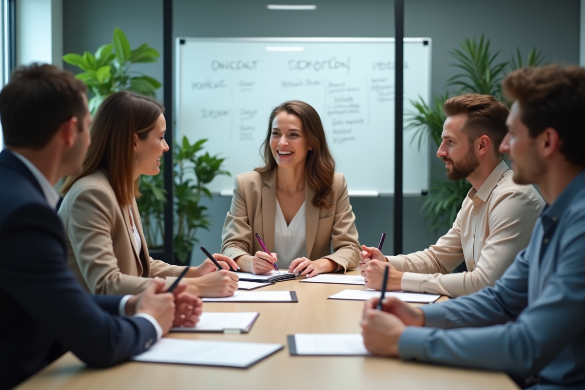 Groupe de collègues en réunion dans un bureau moderne