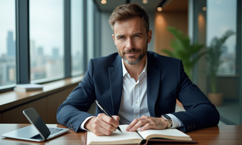 Homme d'affaires en costume dans un bureau moderne
