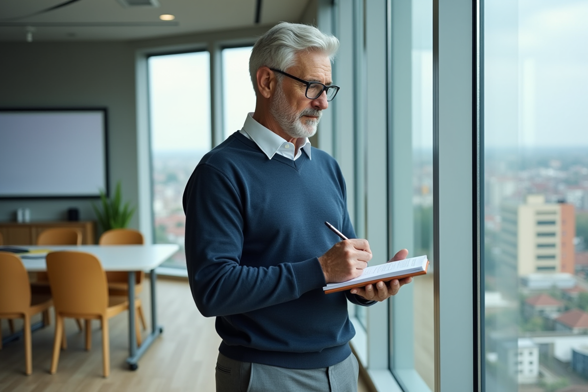 Homme mature écrivant ses tâches dans un carnet dans un bureau lumineux
