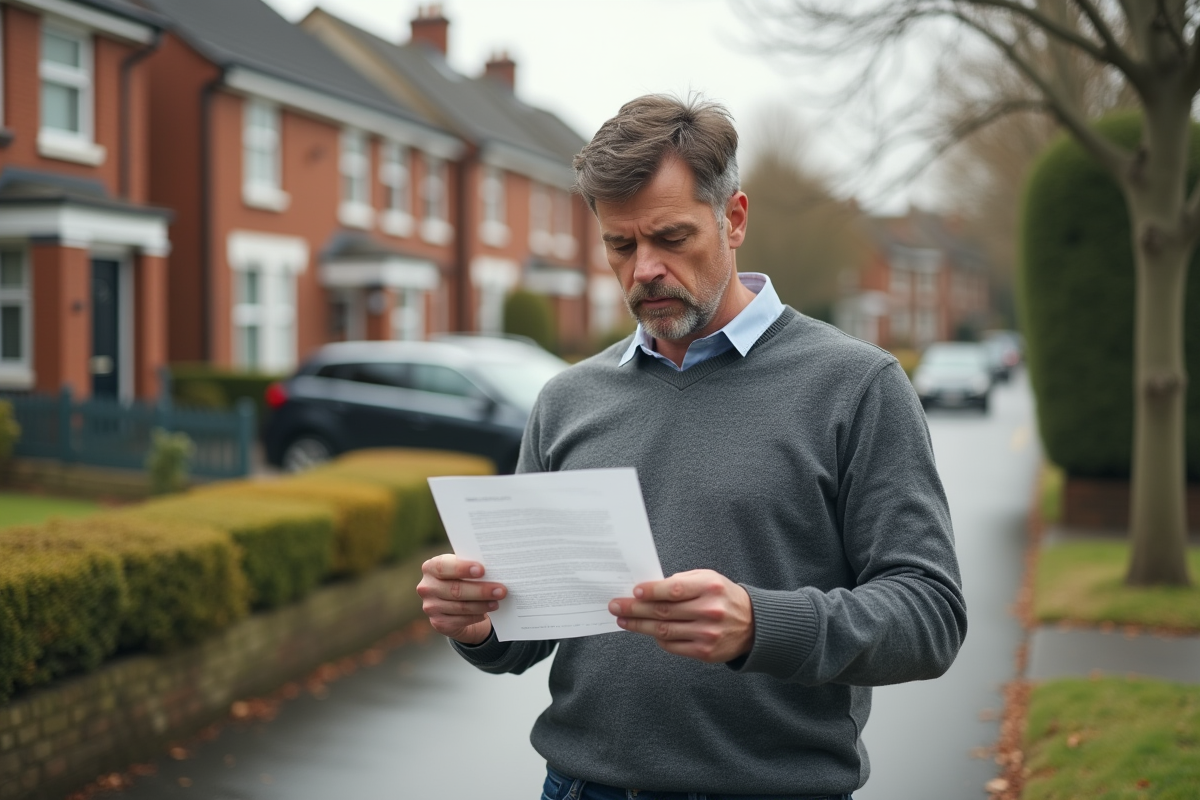 Homme lisant une lettre de rejet devant une maison
