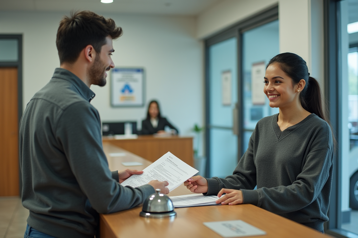 Jeune homme remettant un formulaire à un agent administratif