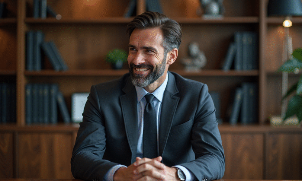 Homme en costume regardant son reflet dans un miroir professionnel