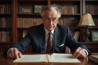 Homme d age en costume examine des scripts marketing anciens
