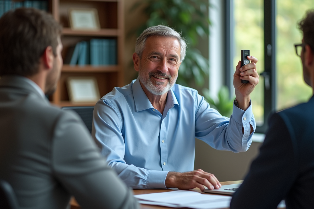 Homme d age moyen avec enregistreur dans un bureau universitaire
