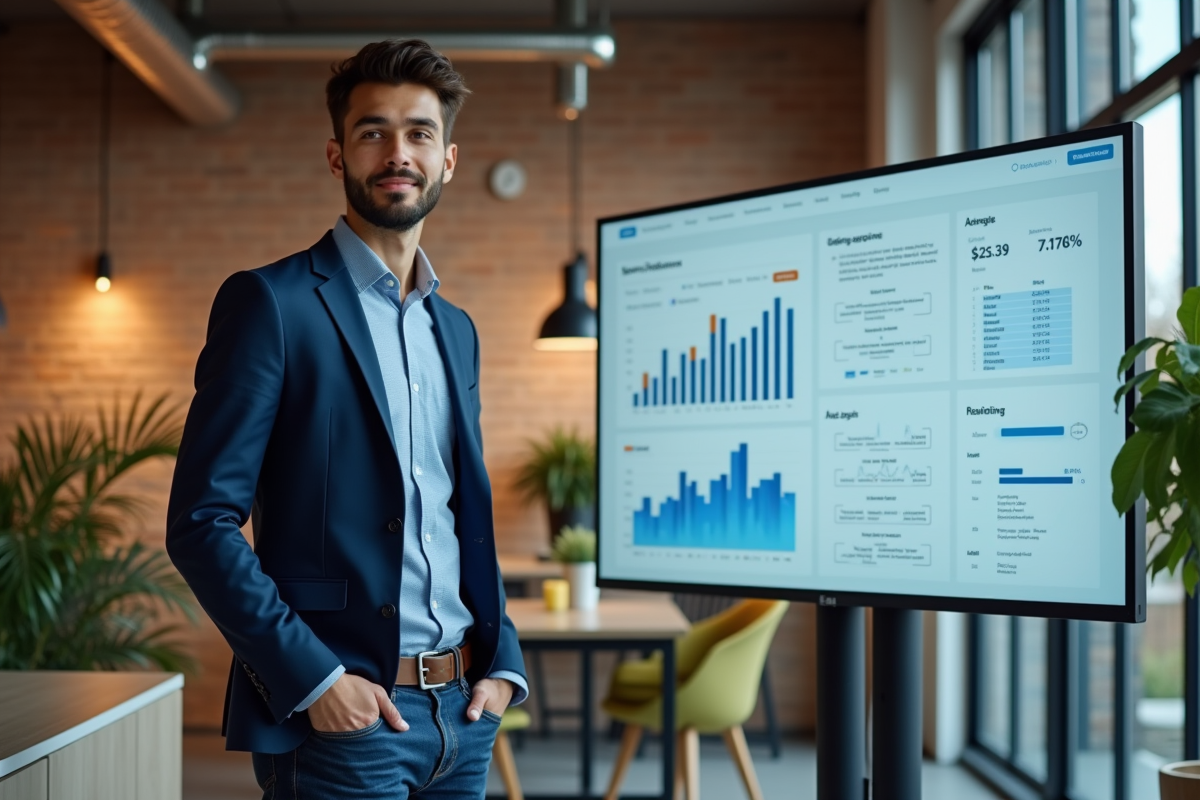 Jeune entrepreneur devant un affichage digital dans un espace de coworking