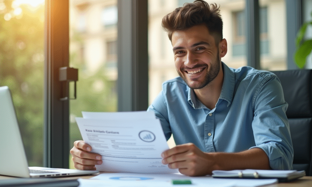 Jeune entrepreneur souriant avec lettre d'exonération fiscale