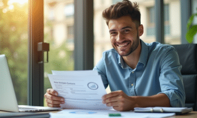 Jeune entrepreneur souriant avec lettre d'exonération fiscale