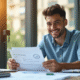Jeune entrepreneur souriant avec lettre d'exonération fiscale