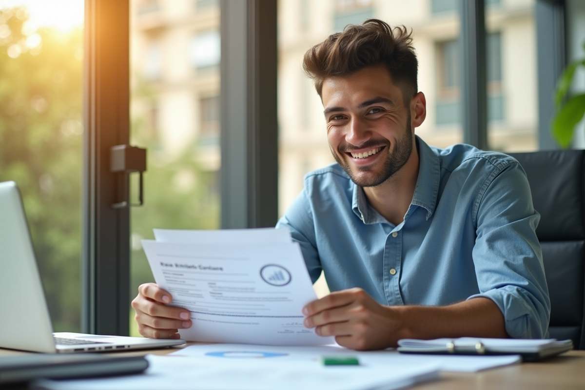 Jeune entrepreneur souriant avec lettre d'exonération fiscale