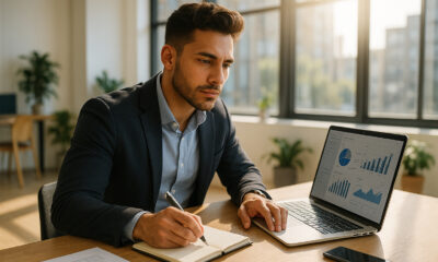 Jeune entrepreneur confiant travaillant sur un laptop dans un bureau lumineux