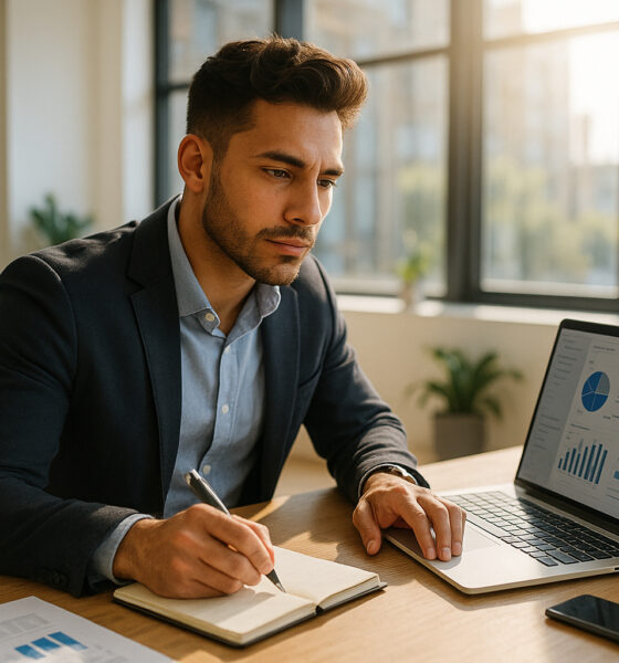 Jeune entrepreneur confiant travaillant sur un laptop dans un bureau lumineux