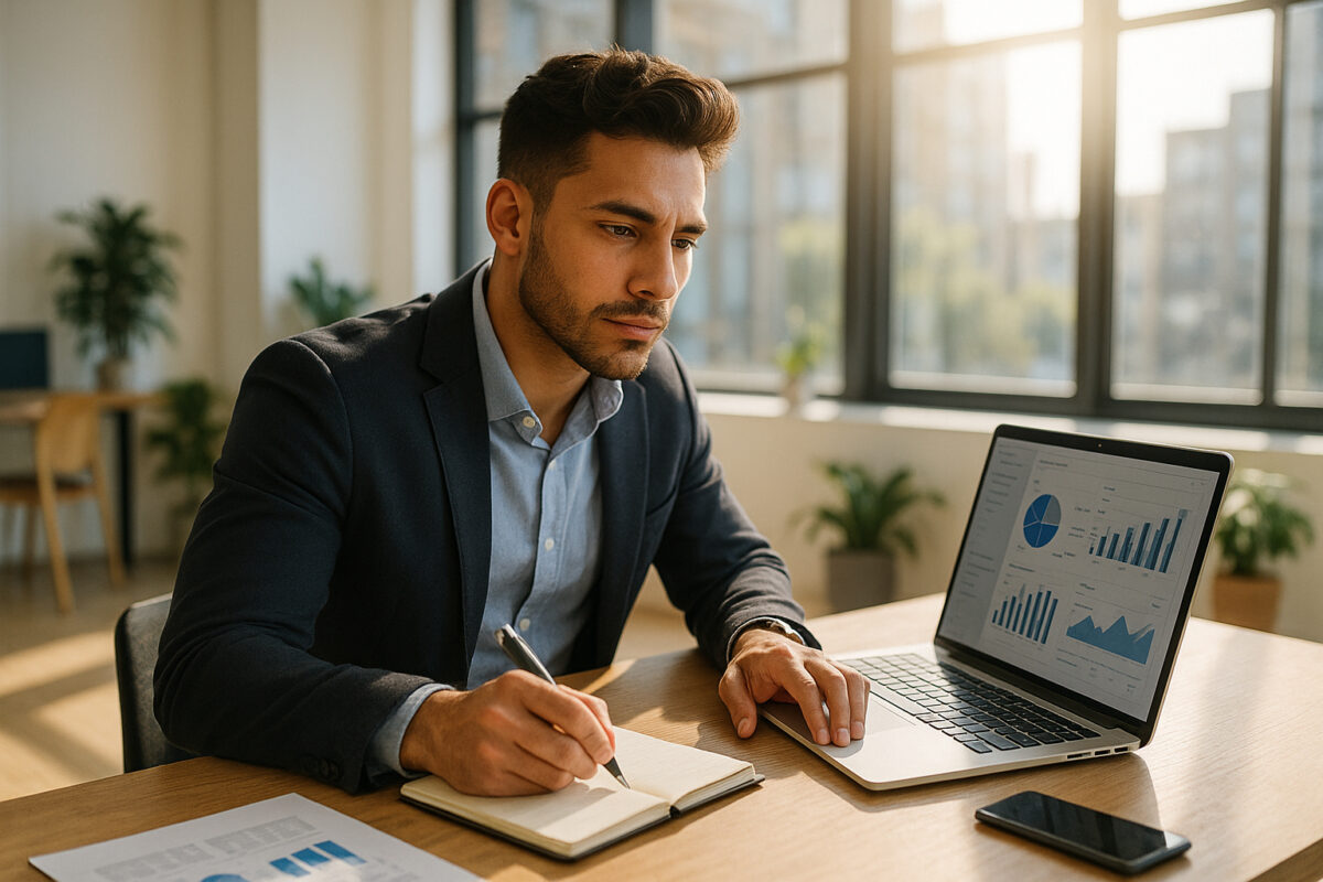 Jeune entrepreneur confiant travaillant sur un laptop dans un bureau lumineux