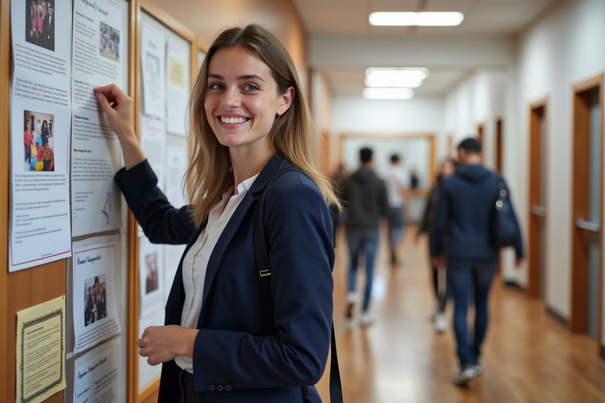 Jeune femme accrochant une affiche sur un tableau communautaire