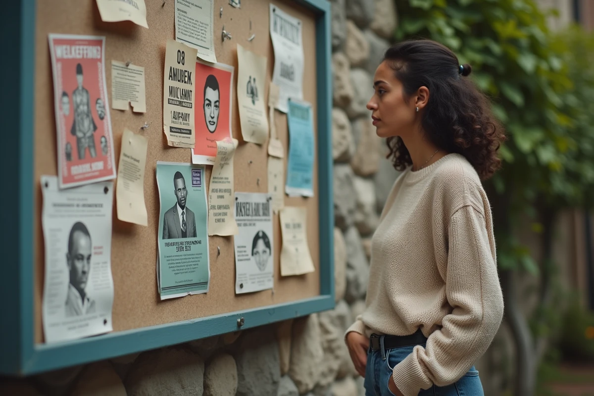 Jeune femme regardant des affiches discriminatoires sur un panneau