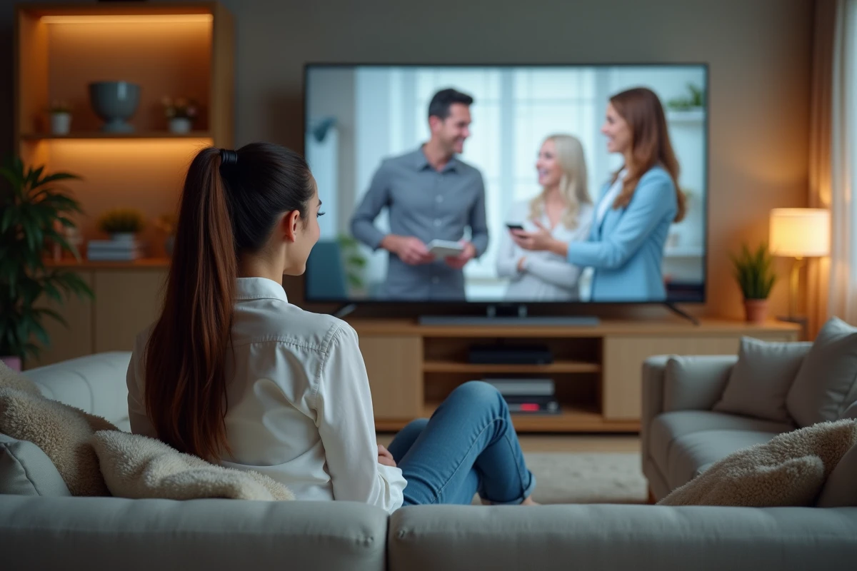 Jeune femme en casual regardant la télé à la maison