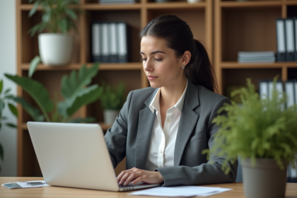 Jeune femme concentrée travaillant sur son ordinateur dans un bureau moderne
