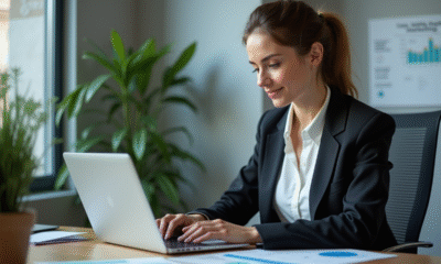 Jeune femme professionnelle concentrée sur son ordinateur au bureau