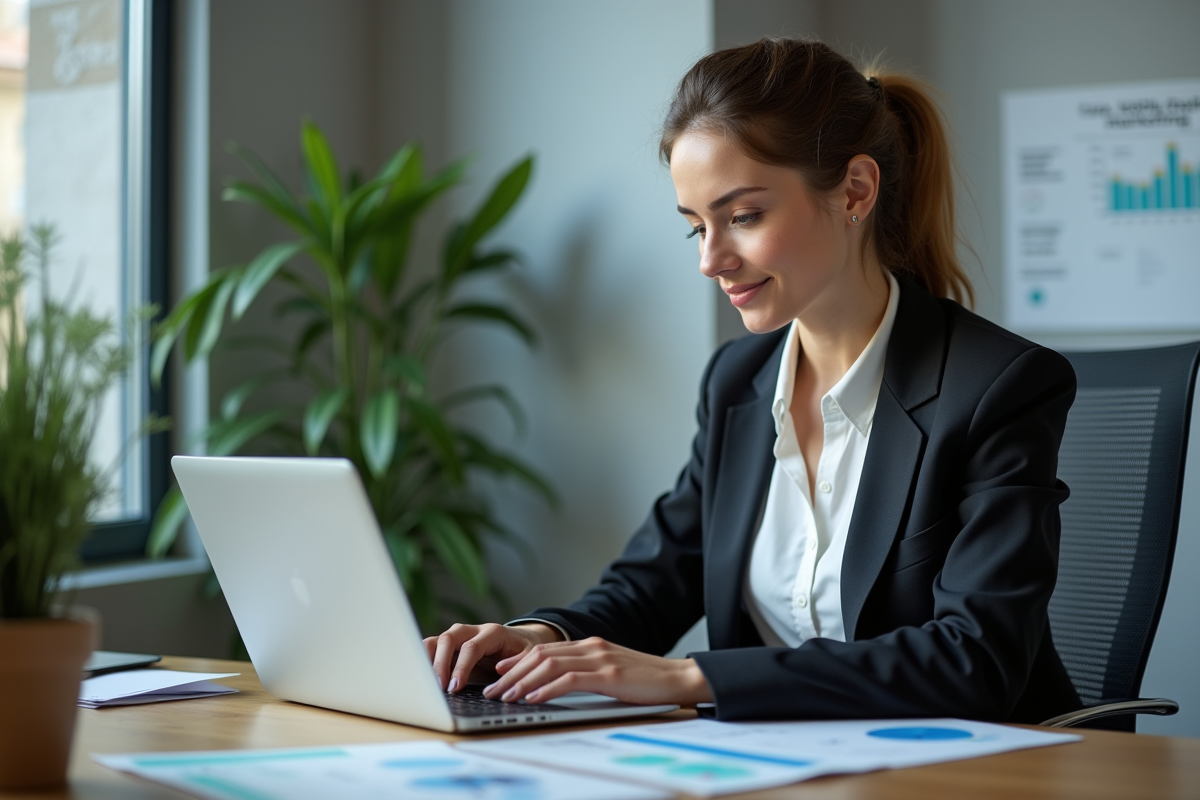 Jeune femme professionnelle concentrée sur son ordinateur au bureau
