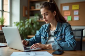Jeune femme en bureau à domicile travaillant sur son ordinateur