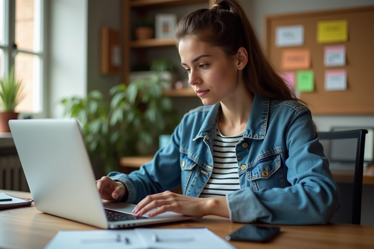 Jeune femme en bureau à domicile travaillant sur son ordinateur