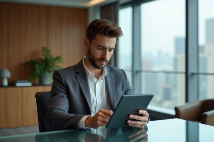 Jeune homme en smart casual au bureau avec tablette