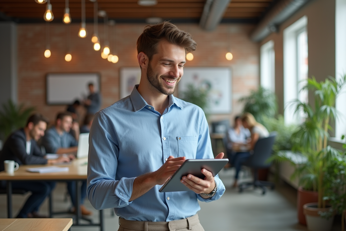 Jeune homme souriant dans un espace de coworking dynamique