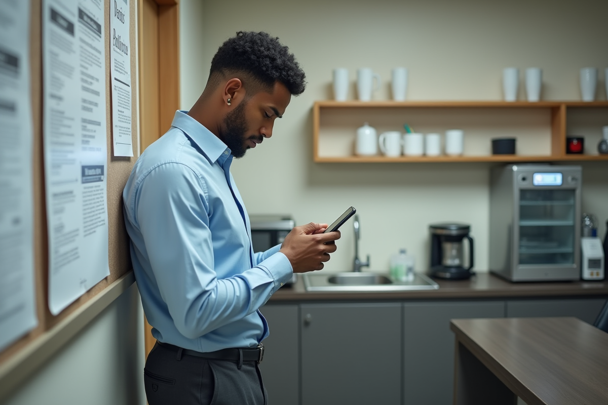 Jeune homme photographiant une affiche au bureau