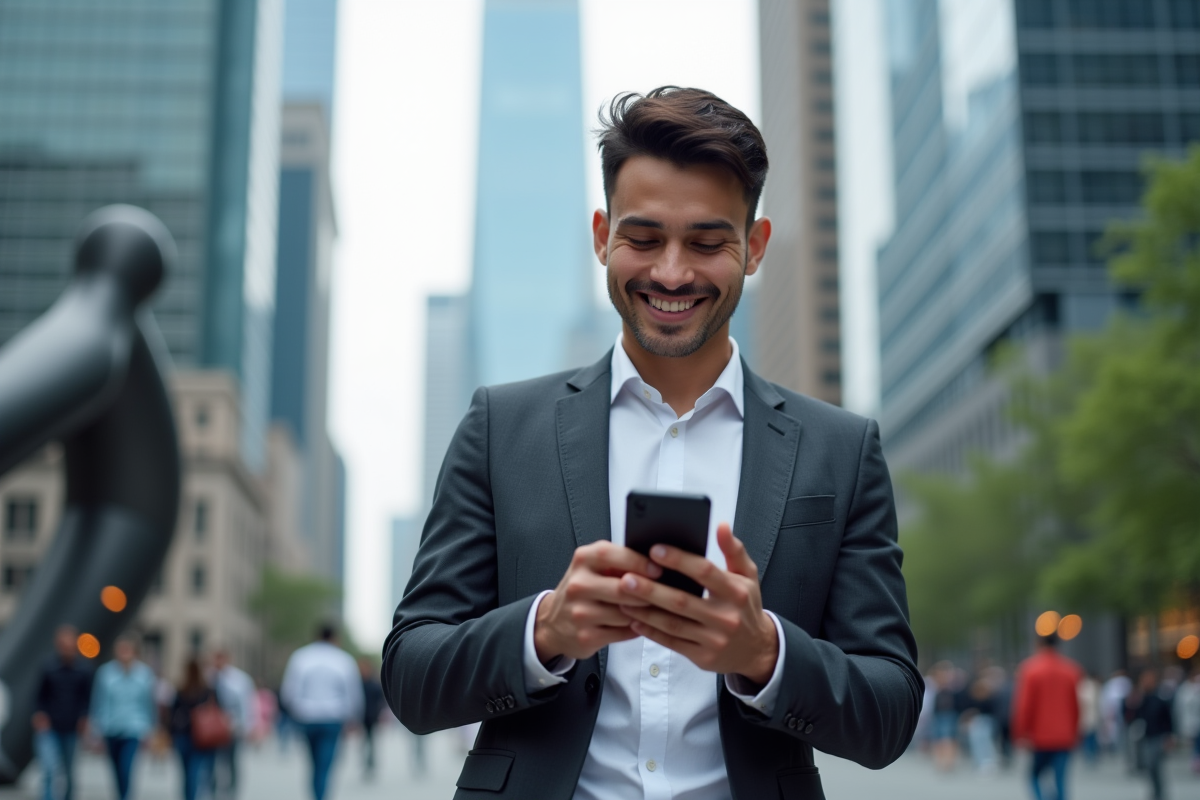 Jeune professionnel dans la rue avec smartphone et gratte-ciel en arrière-plan