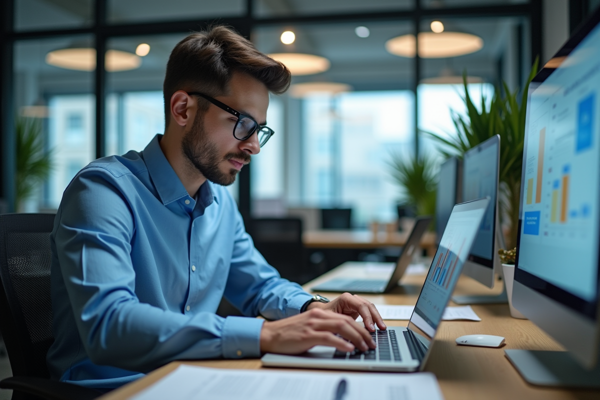 Jeune homme professionnel examine des graphiques publicitaires