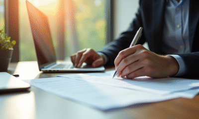Personne lisant et signant un contrat au bureau lumineux