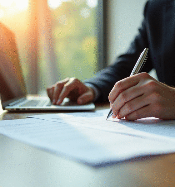 Personne lisant et signant un contrat au bureau lumineux
