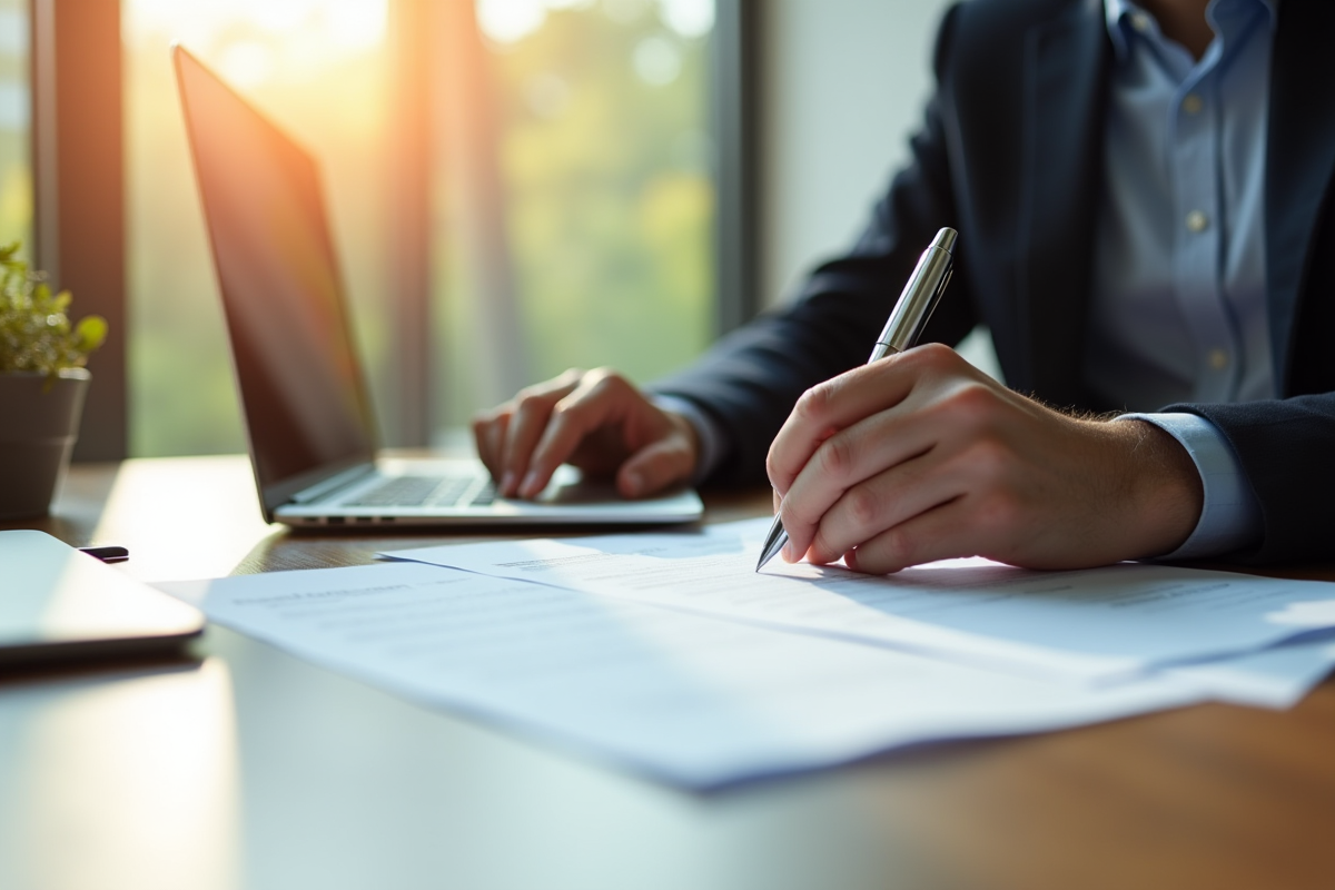 Personne lisant et signant un contrat au bureau lumineux